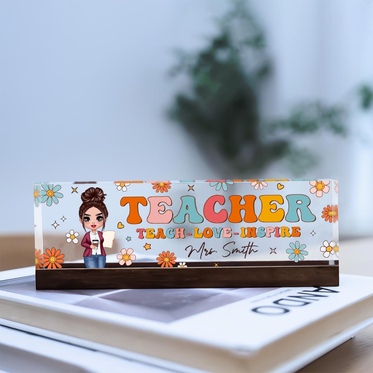 Teacher Groovy Flower Personalized Acrylic Desk Name Plate, Gift For Teacher, Office Decor