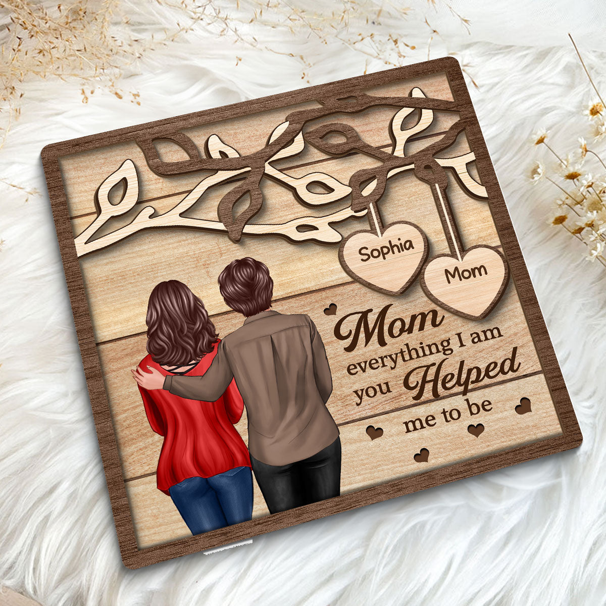 Back View Mom Daughter Son Under Tree Gift For Mom Personalized 2-Layer Wooden Plaque