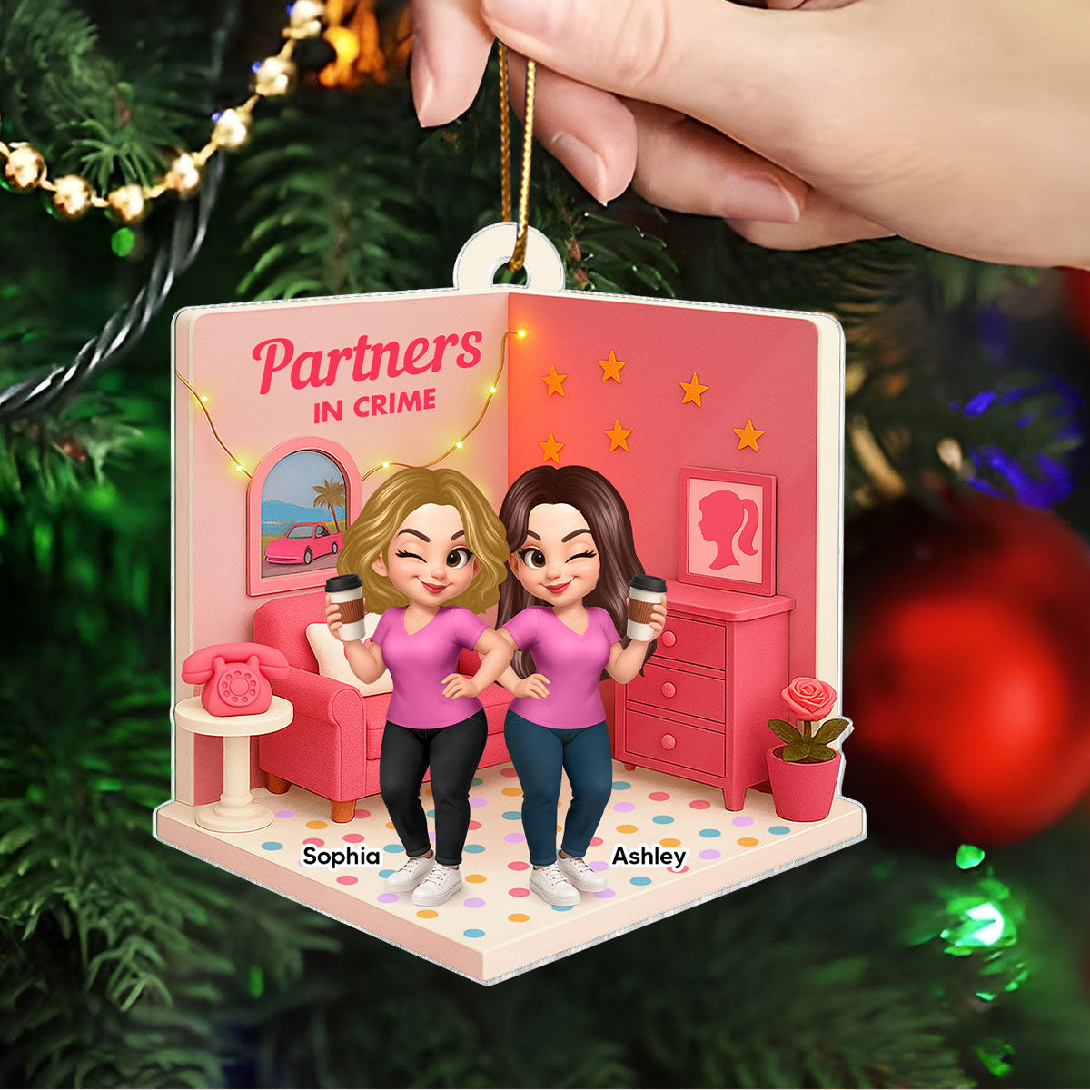 Pink Besties Sisters 3D Effect In House Personalized Acrylic Ornament