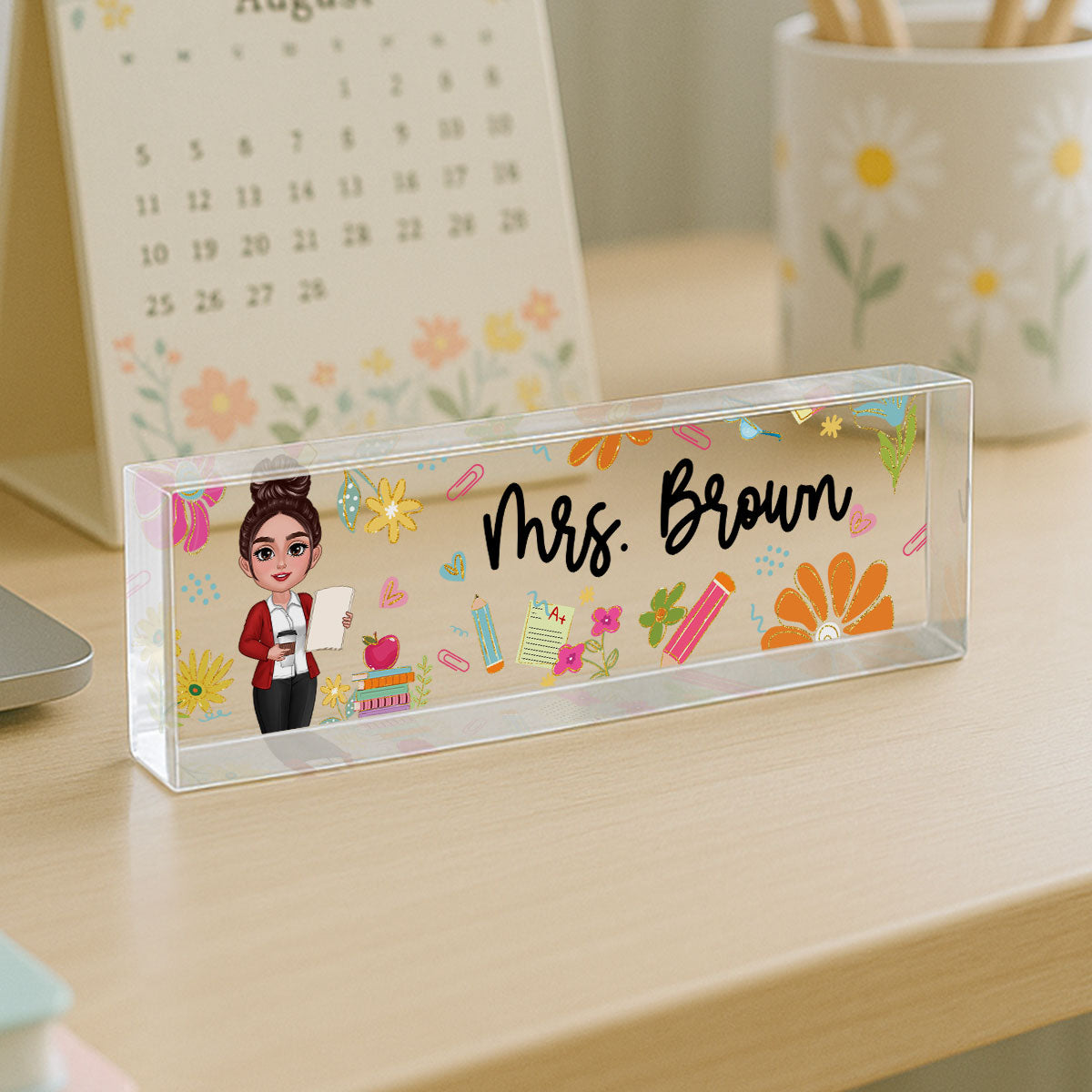 Teacher Floral Pattern Personalized Acrylic Desk Name Plate, Back To School Gift For Teacher