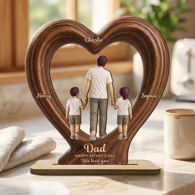Sentimental Rustic Dad And Kids Walking In Heart 2D Flat - Personalized 2-Layered Wooden Plaque - Father's Day Gift For Dad, Husband