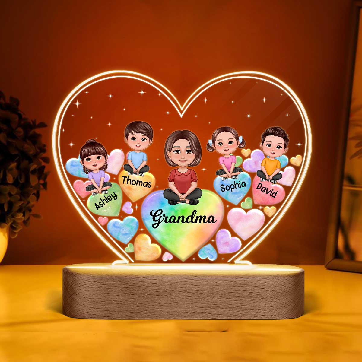 Pretty Doll Grandma Grandkids Hearts In Heart Personalized Heart Acrylic LED Night Light
