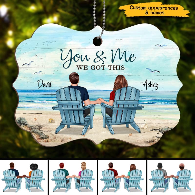 Back View Couple Sitting Beach Landscape Personalized Wooden Ornament