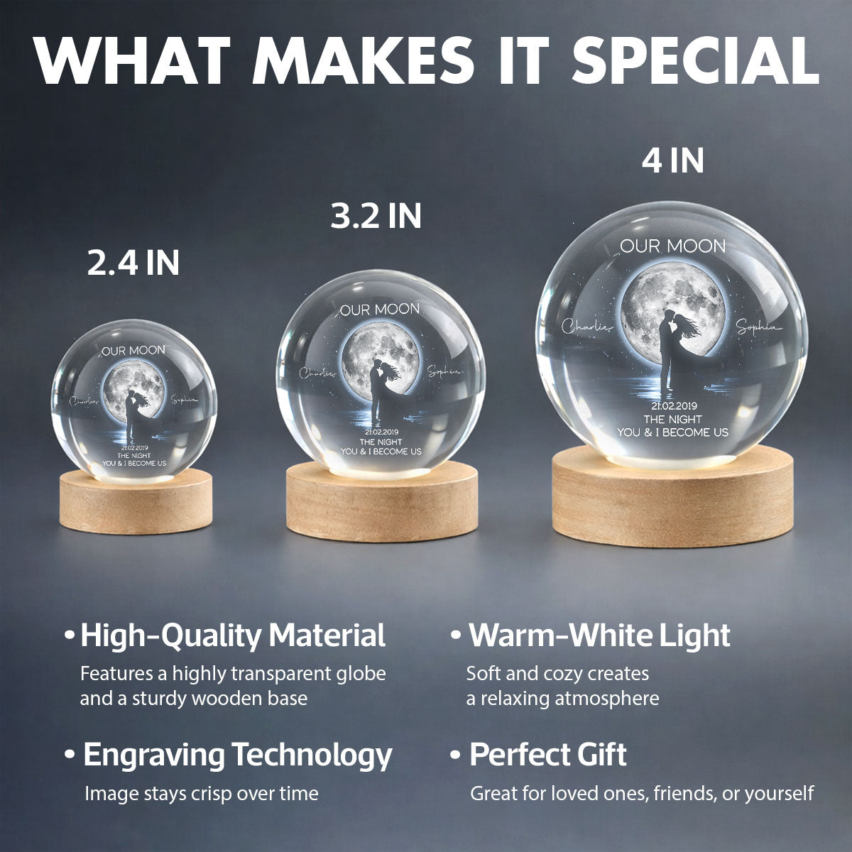Couple Kissing Under the Moonlight, Custom Moon Phase by Date - Personalized Crystal Ball LED Night Light - Sentimental Valentine's Day Gift for Her, for Him