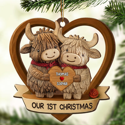 3D Effect Highland Cows Couple - Personalized Wooden Ornament - Gift For Him, Gift For Her