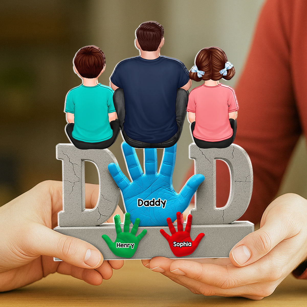 Dad Handprints Dad And Kids Sitting On Text Personalized Acrylic Block Plaque