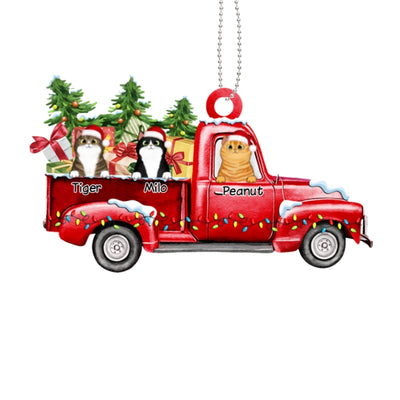 Peeking Cats On Christmas Truck Personalized Wooden Ornament