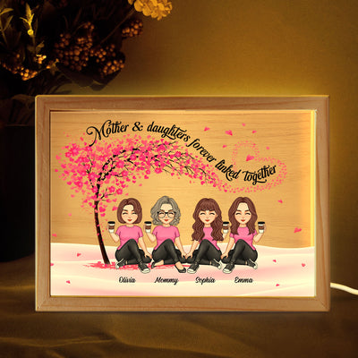 Mom And Daughters Under Pink Tree Personalized Wooden Frame Light Box