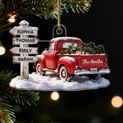 3D Effect Nostalgia Christmas Truck Family Sign Posts Custom Names - Personalized Acrylic Ornament - Gift For Family, Farmhouse Decor