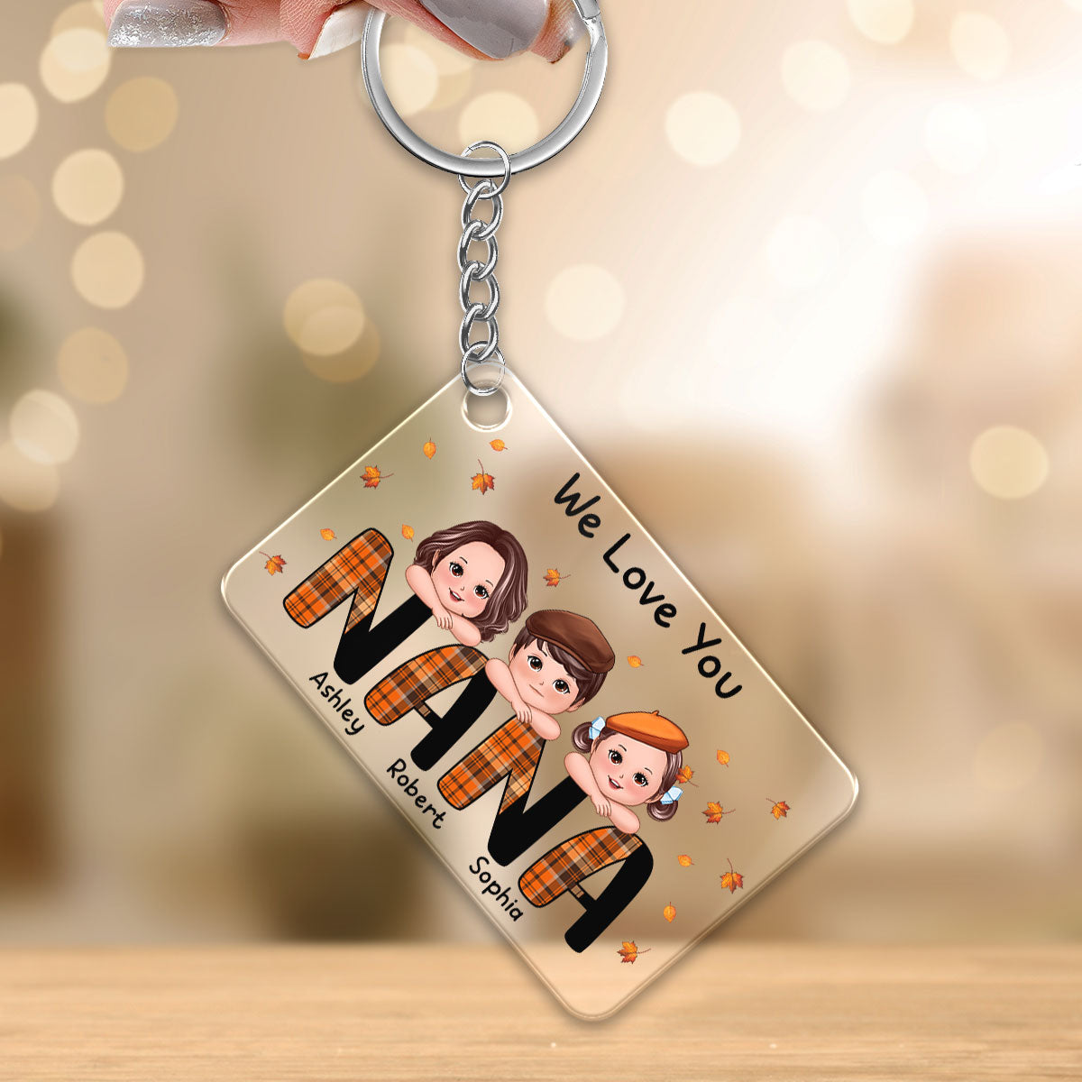 We Love You Grandma Mom Plaid Pattern Kids On Hand Fall Season Personalized Acrylic Keychain