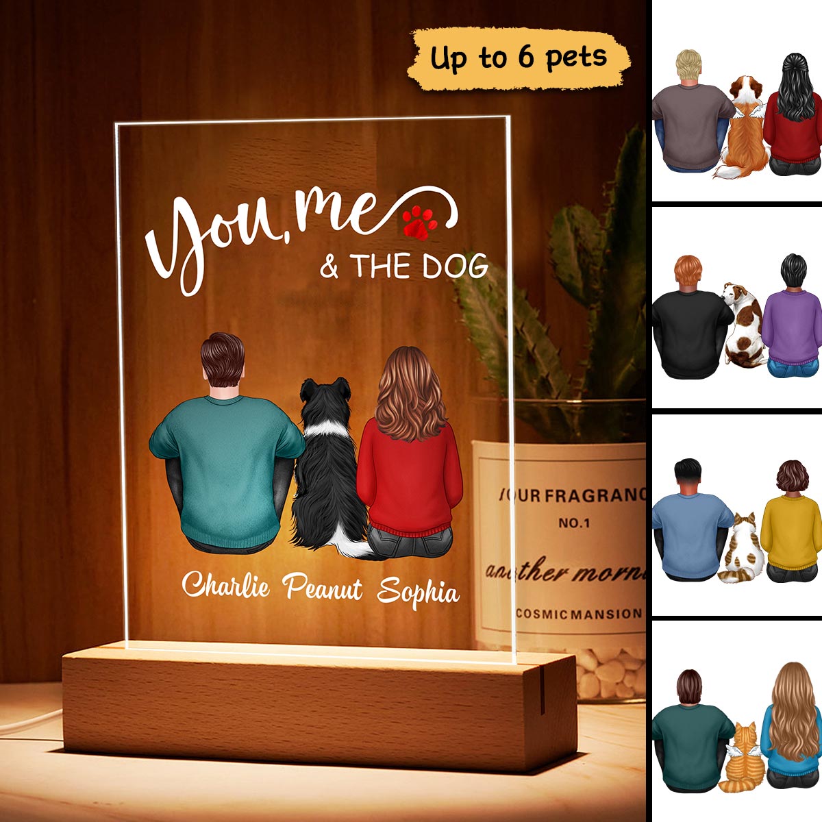 Back View Couple Sitting You Me And The Dogs Cats Personalized Rectangle Acrylic Plaque LED Lamp Night Light