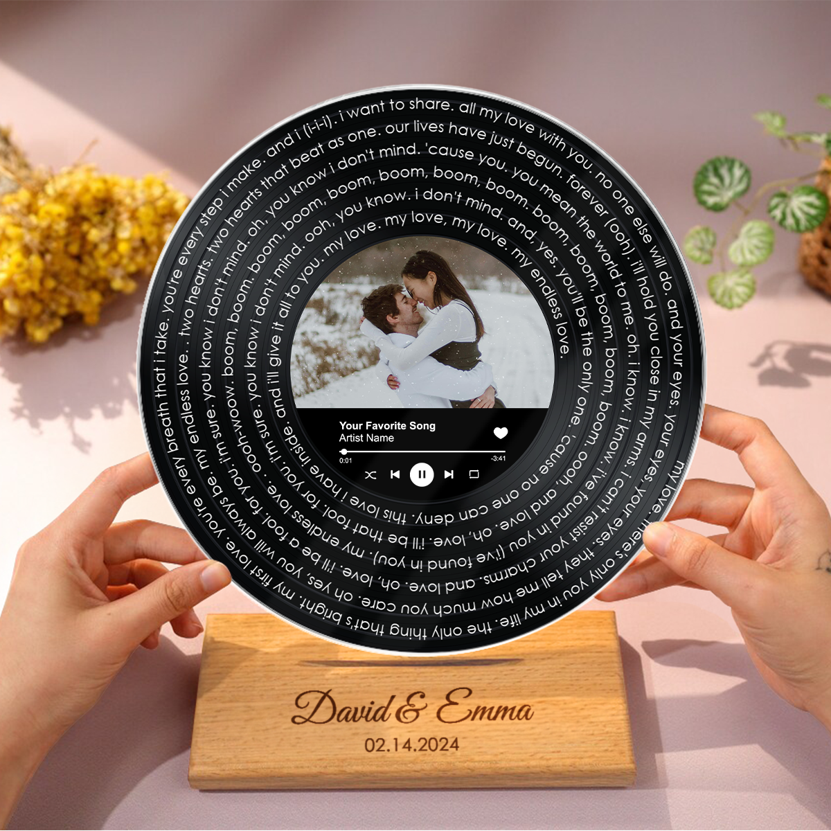 Solid Wood Custom Lyrics Vinyl Record Acrylic Song Plaque, Perfect Anniversary Keepsake Gift For Couples For Her For Him