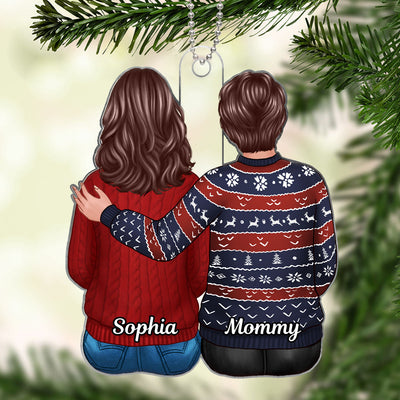 Family Dad Mom Son Daughter Sitting Hugging Christmas Gift Personalized Acrylic Ornament