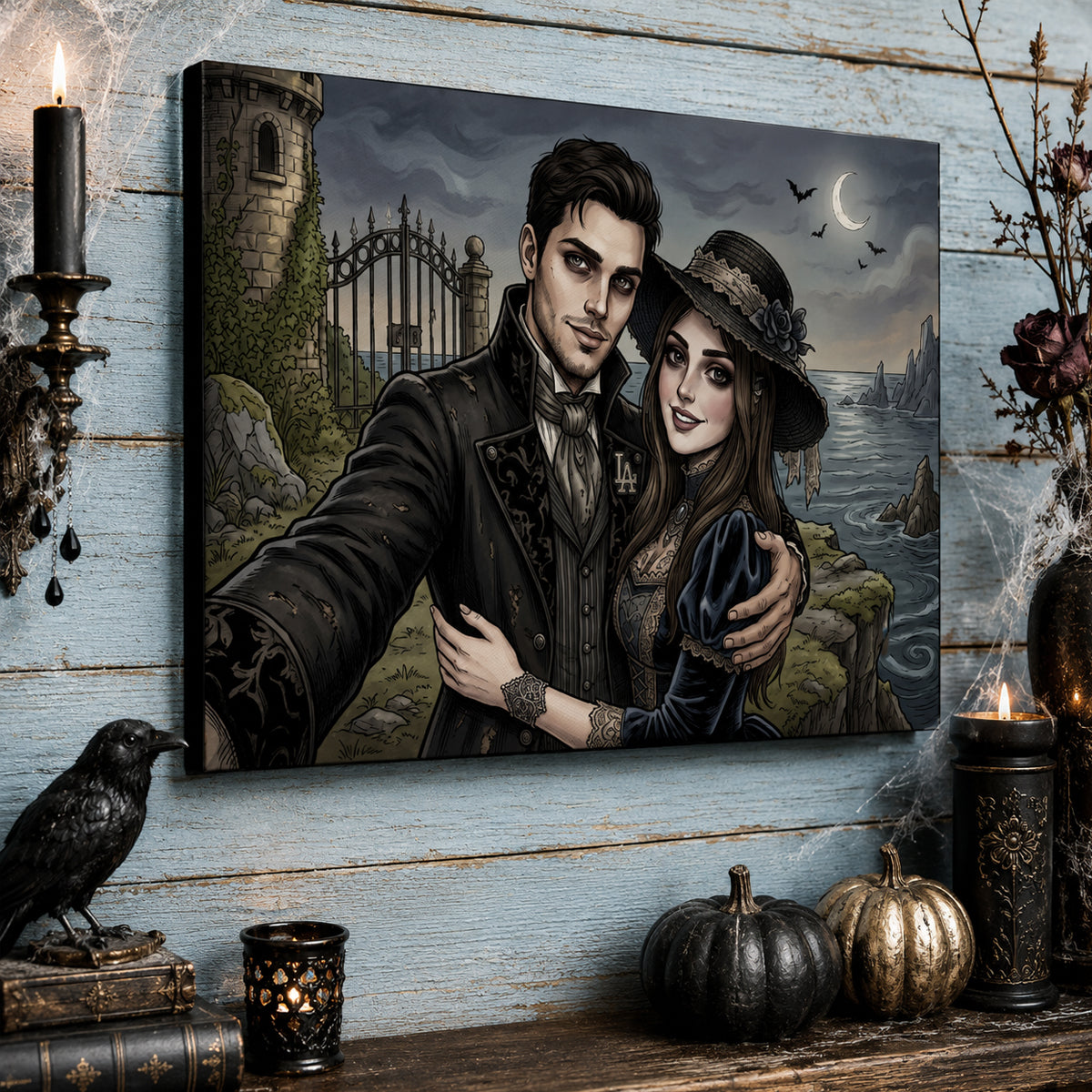 Custom Gothic Couple Portrait from Photo - Personalized Canvas - Halloween Decor, Anniversary Gift for Her, for Him