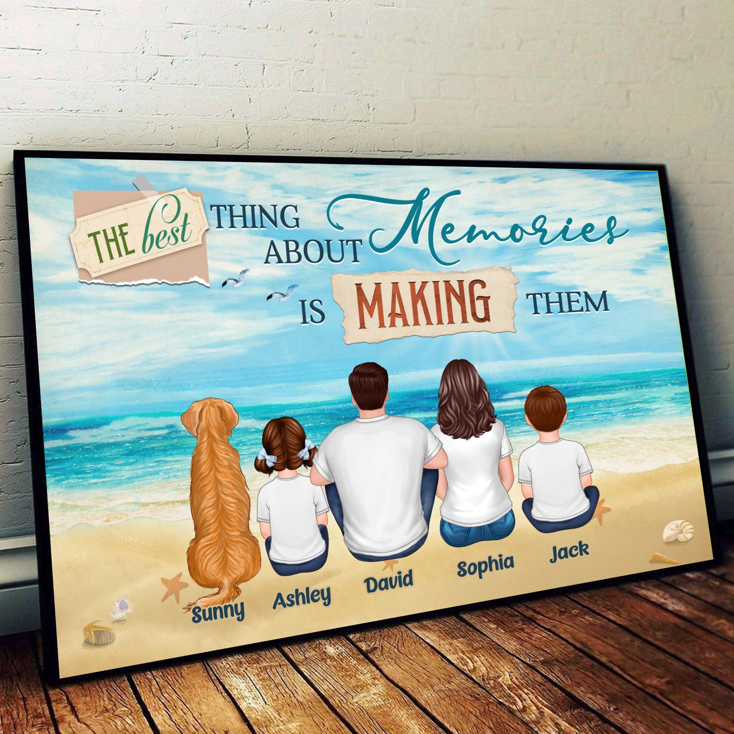 Family Sitting Back View Beach Personalized Horizontal Poster