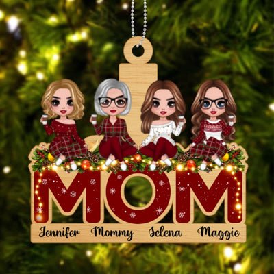Doll Mom And Daughters Sitting On Word Personalized Wooden Ornament