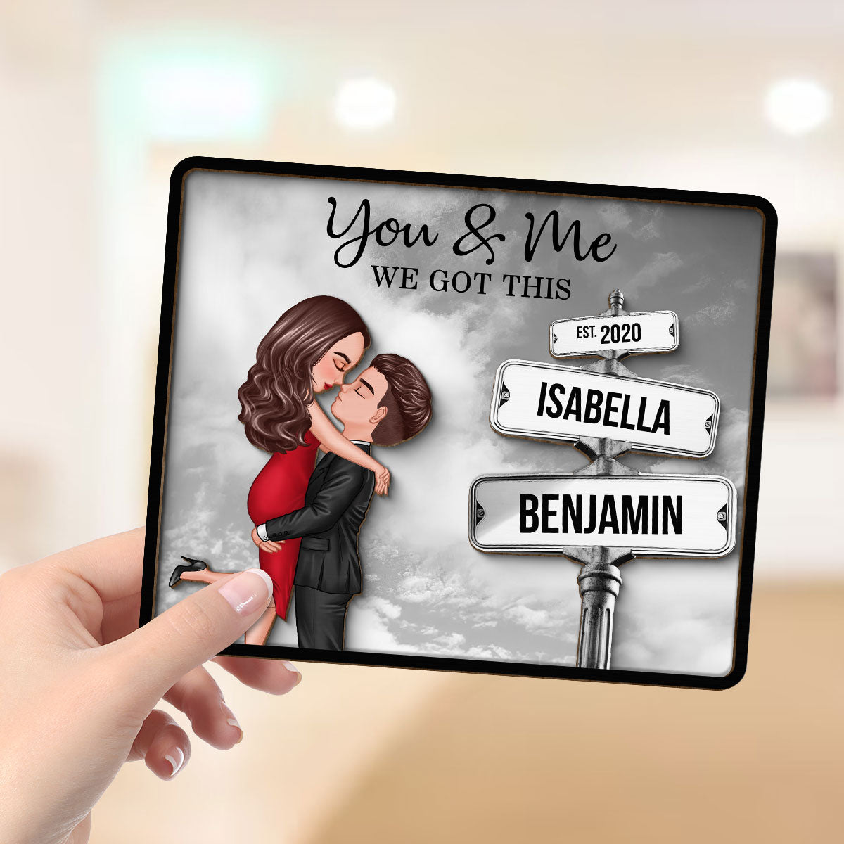 Couple Hugging Milestone Together Personalized Crossroads Street Sign 2-Layered Wooden Plaque, Best Home Bedroom Desk Decor For Couples,  Gift For Her, For Him