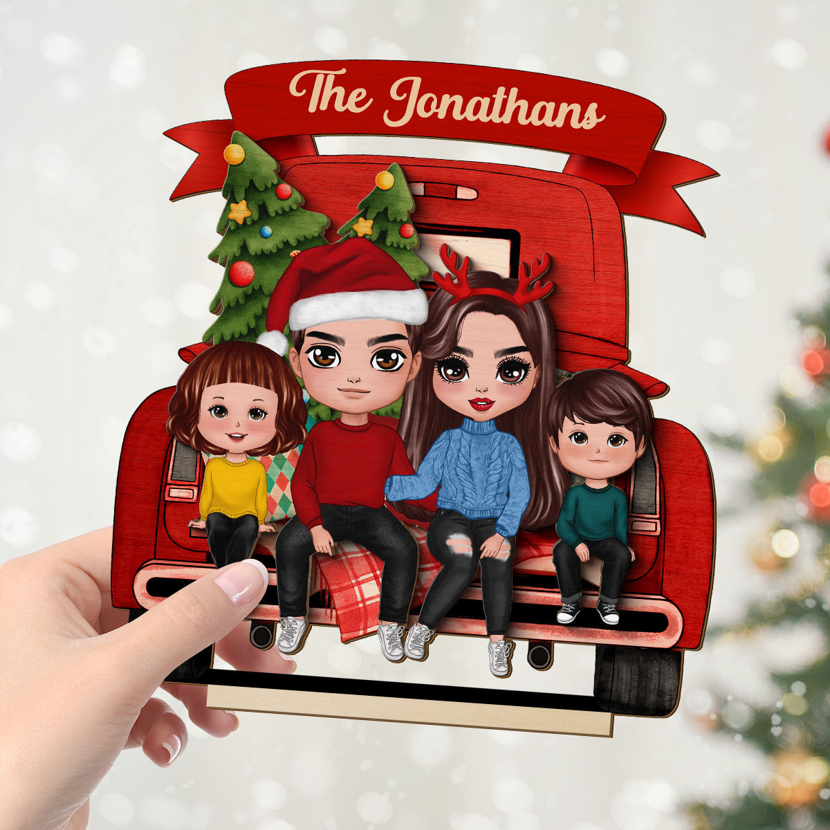 Family Couple On Christmas Truck Personalized Standing Wooden Plaque