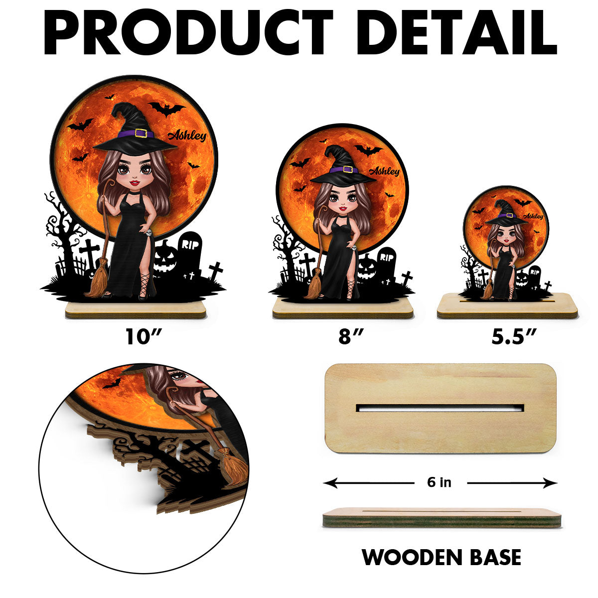 Witch Under Halloween Moon Tabletop Tier Tray Wicca Pagan Decor Personalized 2-Layer Standing Wooden Plaque