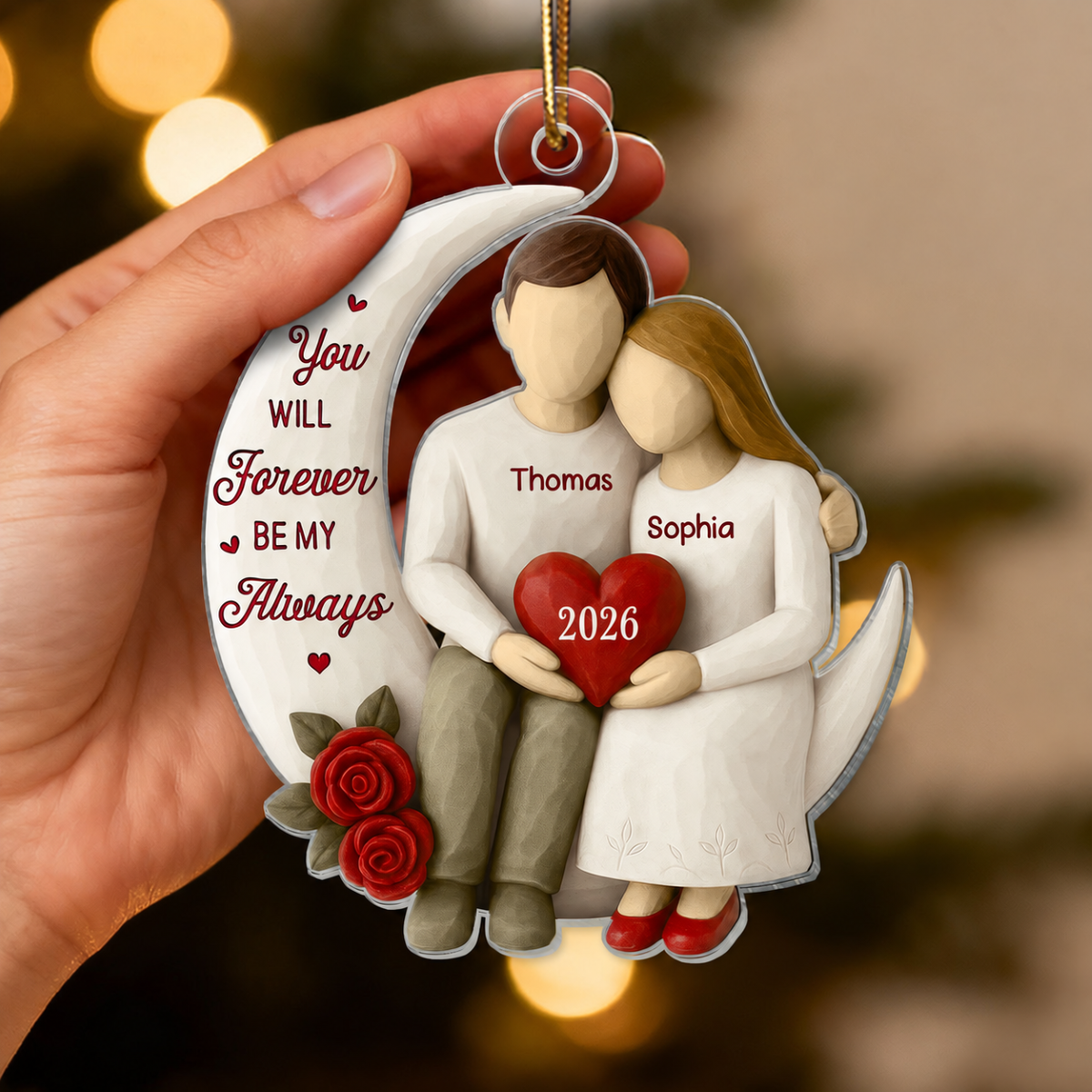 3D Effect Roses Wooden Texture Couple On Moon - Personalized Acrylic Ornament - Christmas Gift For Couple