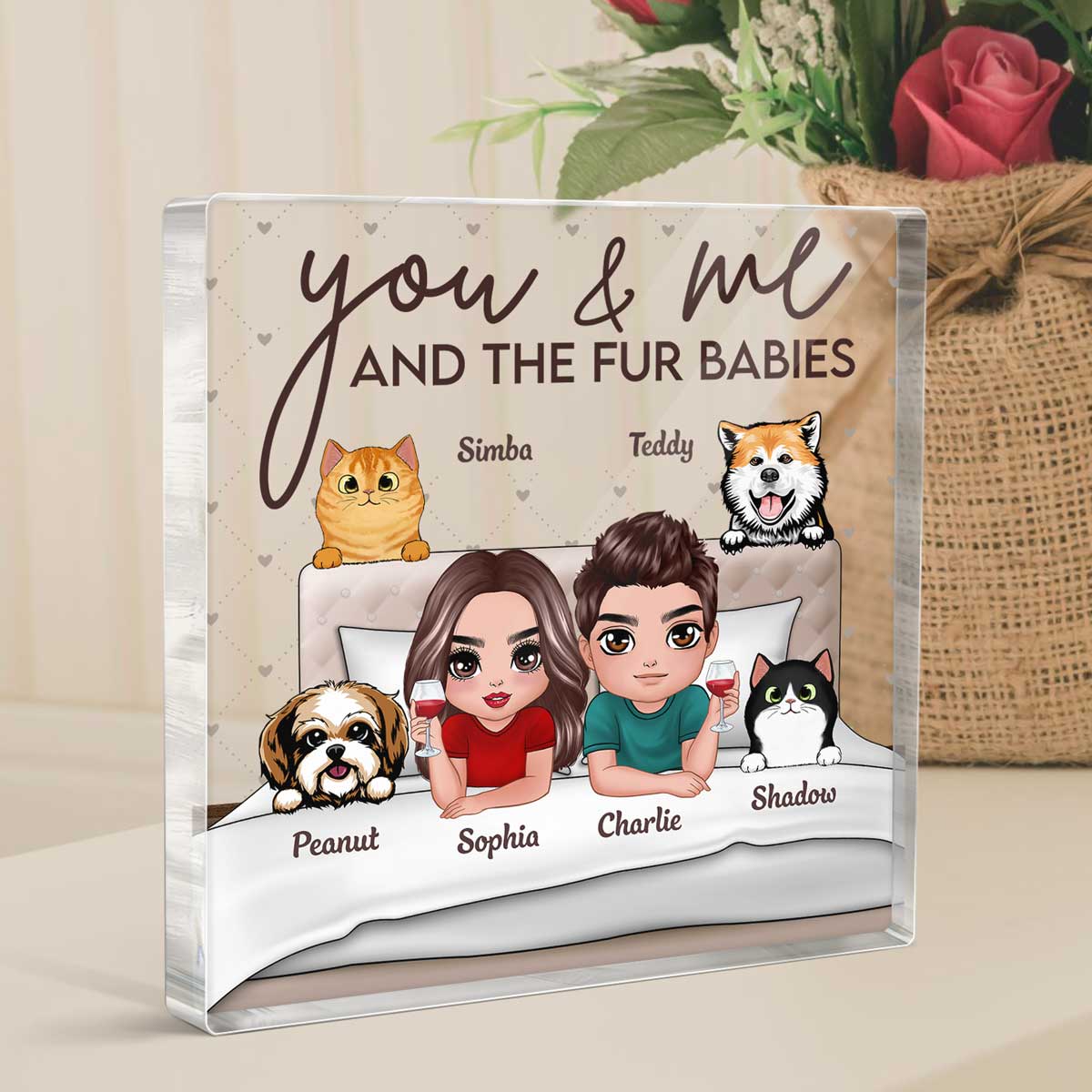 Couple And Fur Babies On Bed Personalized Acrylic Block Plaque