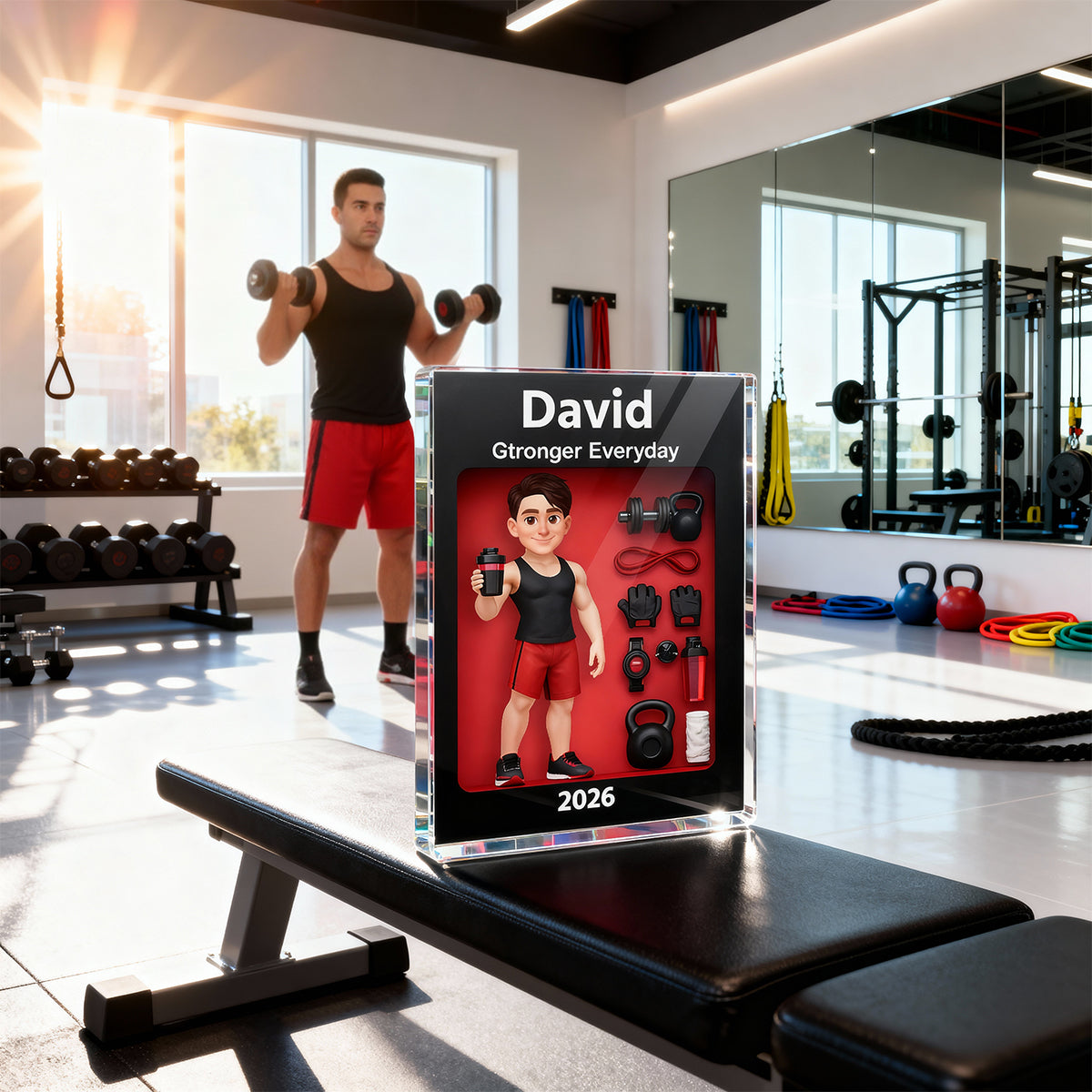 Gym Lover Stronger Everyday 3D Action Figure - Personalized Acrylic Block Plaque - Gift for Gym Lover