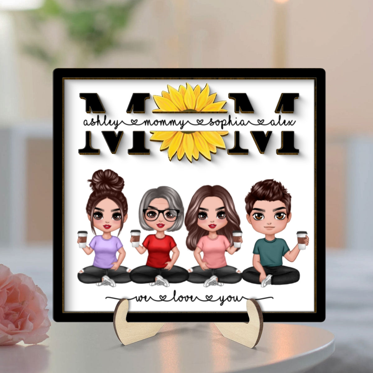 We Love You Mom Sunflower Doll Sitting Personalized 2-Layer Wooden Plaque