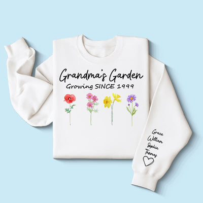 Grandma Garden Growing Since Custom Birth Month Flower Shirt for Grandmother, Gift, Personalized Sleeve Printed Sweatshirt