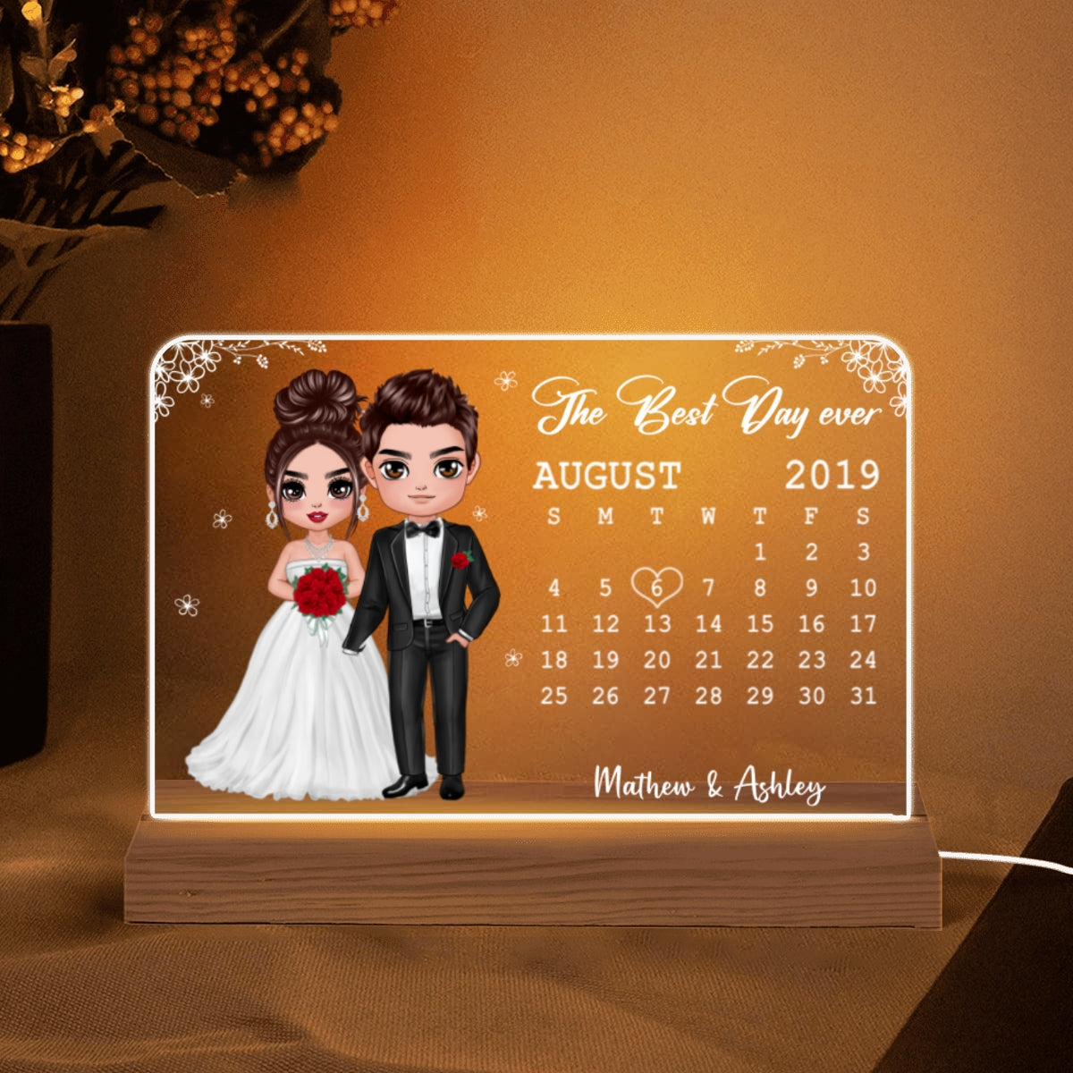 Doll Couple Wedding Anniversary Date Calendar Bride & Groom Rectangle Personalized Custom Shape Acrylic Plaque With LED Night Light - Anniversary Gift For Couple - Gift For Him - Gift For Her