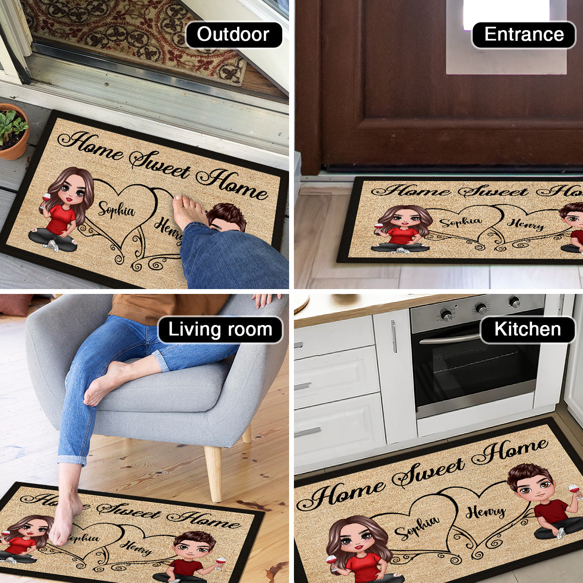 Doll Couple Sitting Home Sweet Home Housewarming Gift Home Decor Personalized Doormat
