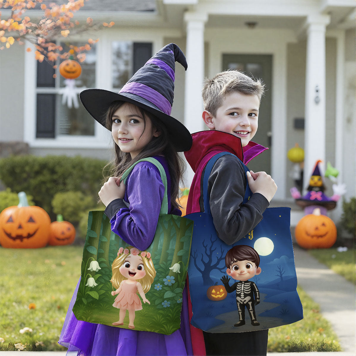 Halloween Theme Cute Cartoon Kids Personalized Tote Bag, Gift Bag, Treat Bag, Trick or Treat Bag For Kids