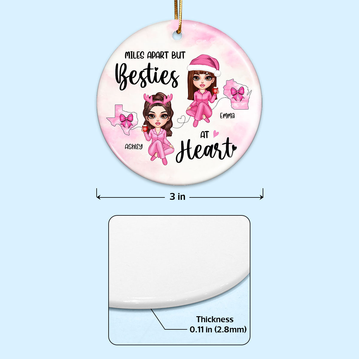 Long Distance Coquette Besties Sisters Personalized Circle Ornament, Christmas Gift