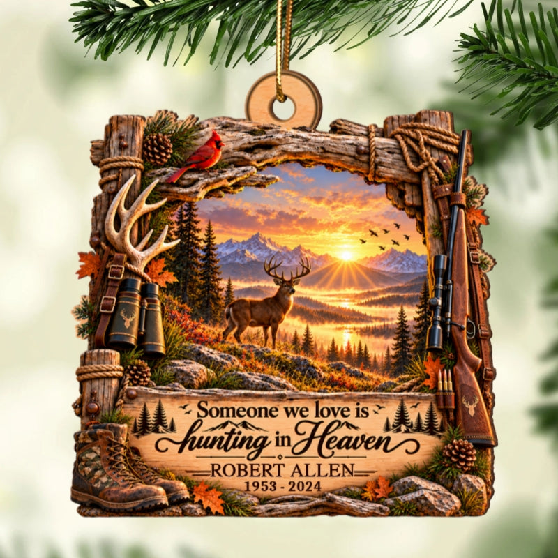 Hunting In Heaven Deer Hunting 2D Flat - Personalized Wooden Ornament - Memorial Sympathy Gift