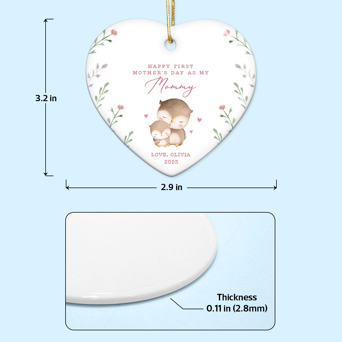 Cute Animals Personalized Heart Ceramic Ornament, Heartfelt First Gift for Mom, Gift for Grandma