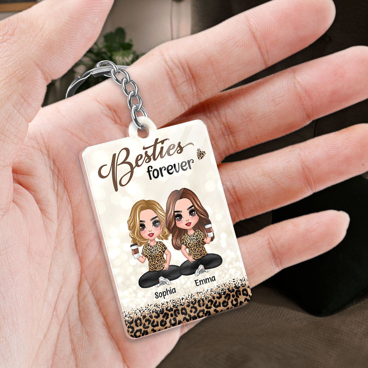 Leopard Pattern Doll Besties Sisters Sitting Favorite Song Scannable QR Code Personalized Acrylic Keychain