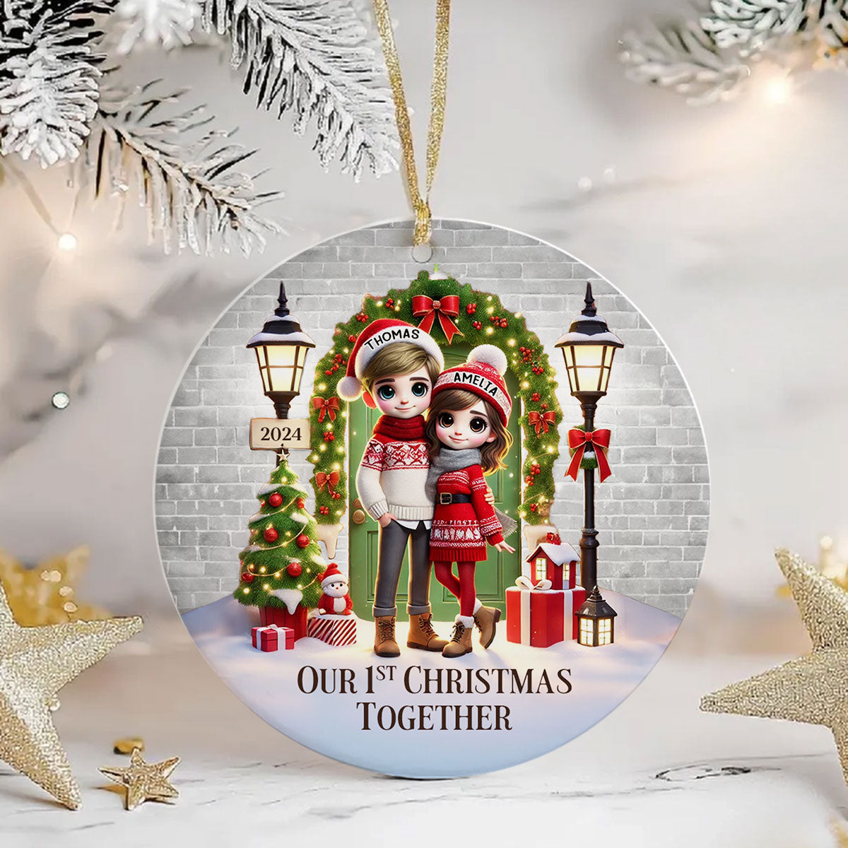 Couple Standing In Front of Door Personalized Ceramic Ornament, Christmas Gift for Him, Gift for Her