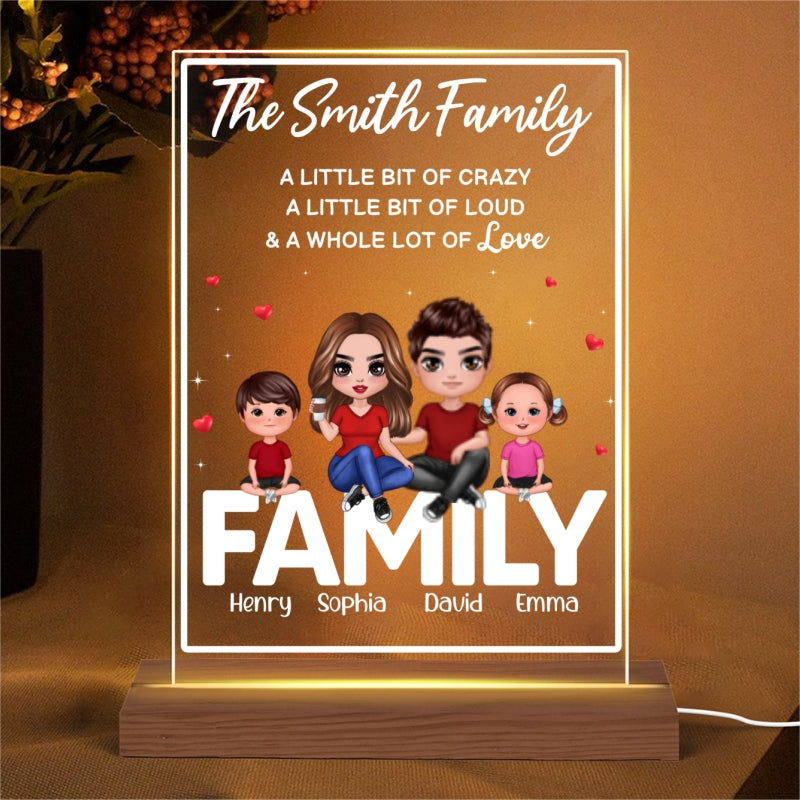 Doll Family Couple Dad Mom Kids Dogs Cats Sitting On Words Personalized Rectangle Acrylic Plaque LED Night Light