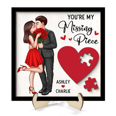 Elegant Couple Kissing Missing Piece Red Heart Valentine‘s Day Gift For Her Gift For Him Personalized 2-Layer Wooden Plaque