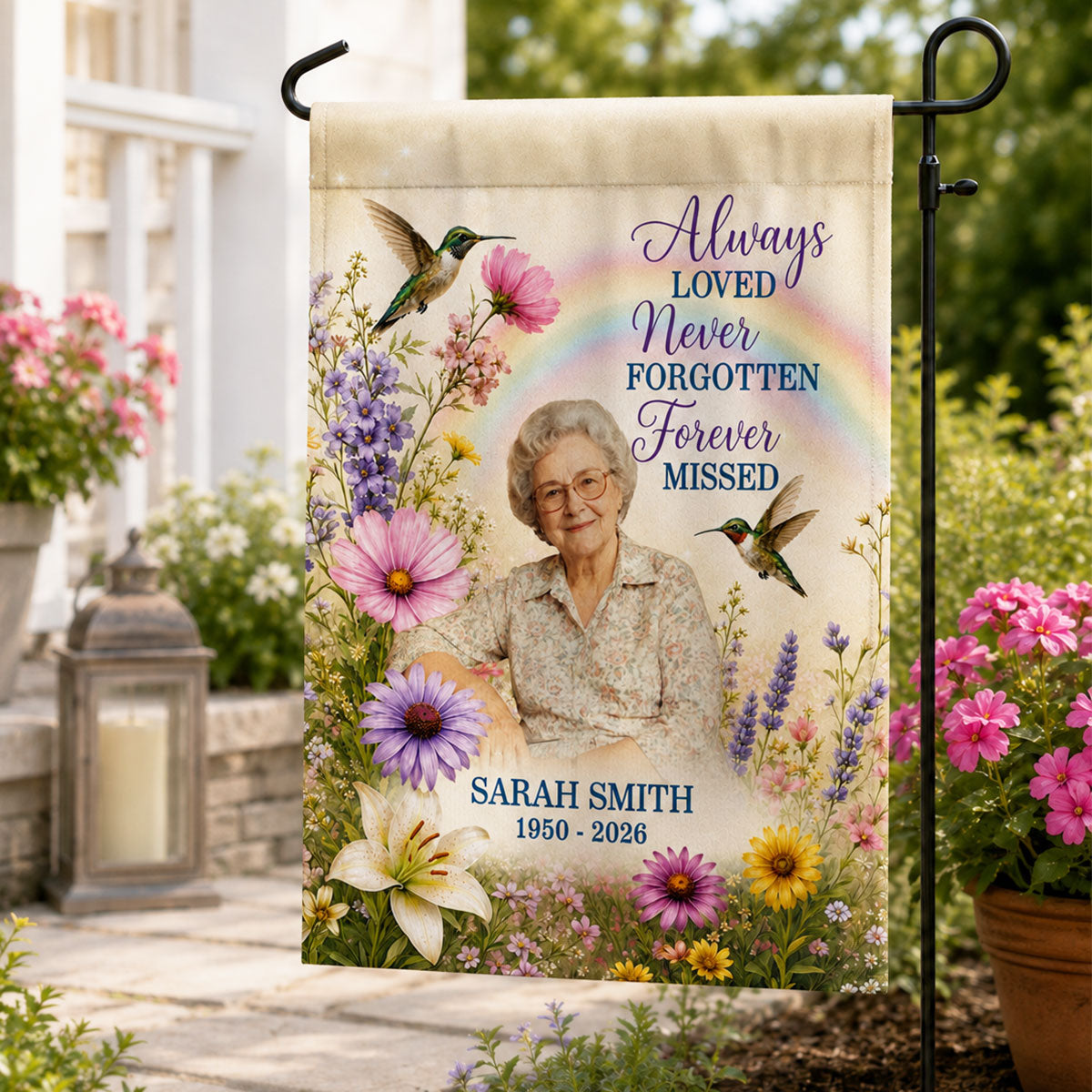 Always Loved Hummingbird Memorial - Personalized Garden Flag - Memorial Sympathy Gift Remembrance Keepsake Photo Inserted