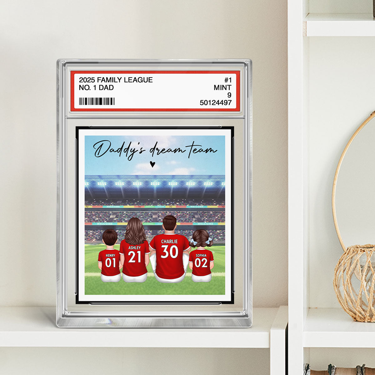 UK AU Football Daddy's Dream Team No. 1 Dad Man & Kids Sitting Trading Card Style - Personalized Acrylic Block Plaque