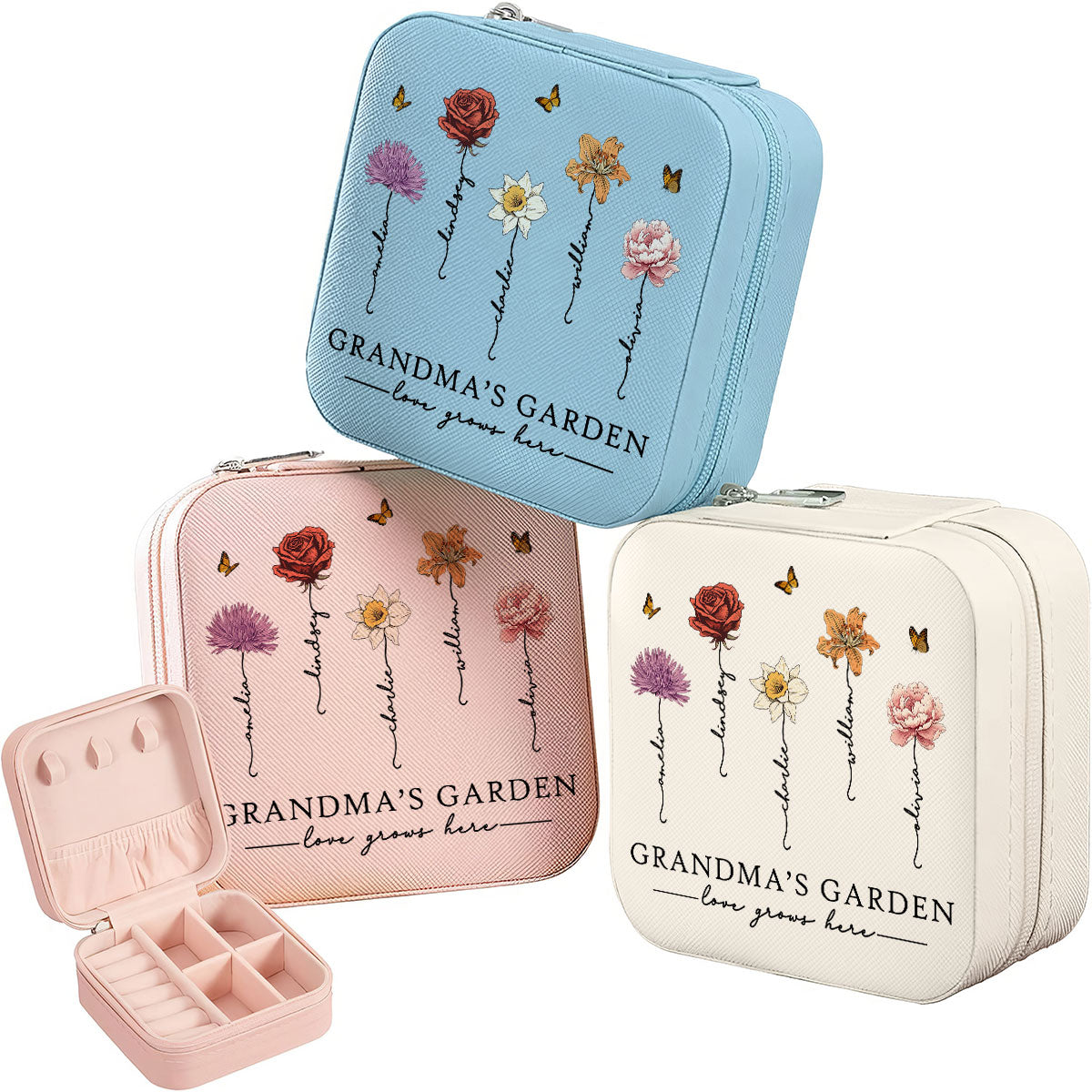 Grandma's Garden Love Grows Here Beautiful Birth Month Flower Personalized Jewelry Box, Gift For Grandma, Mom