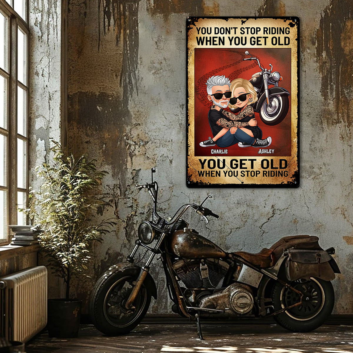 You Don't Stop Riding When You Get Old Biker Couple Personalized Metal Sign, Gifts For Riders