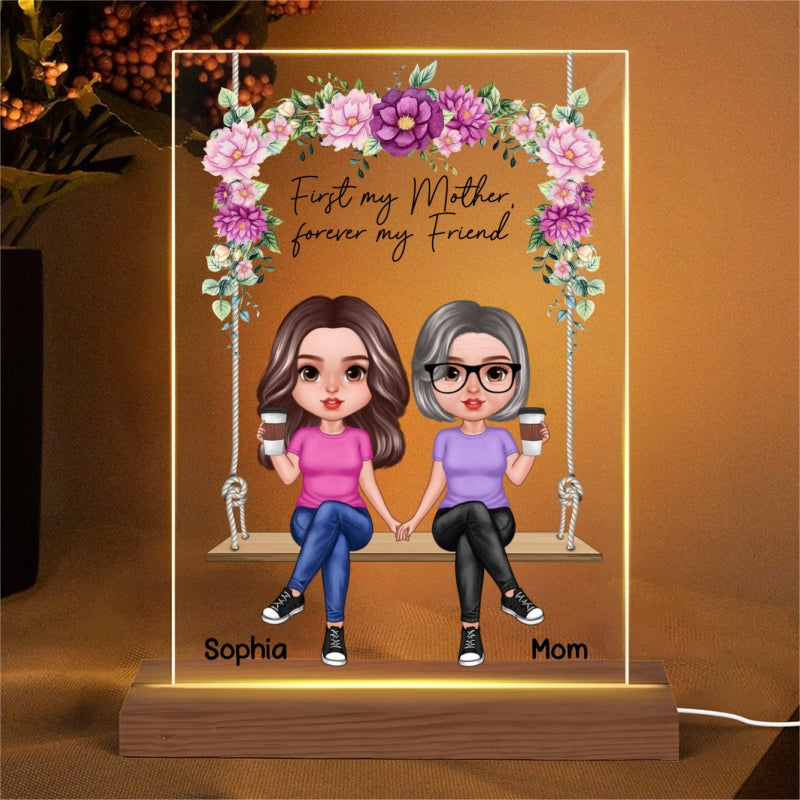 Realistic Mother Daughters Sitting On Floral Swing Personalized Acrylic LED Night Light