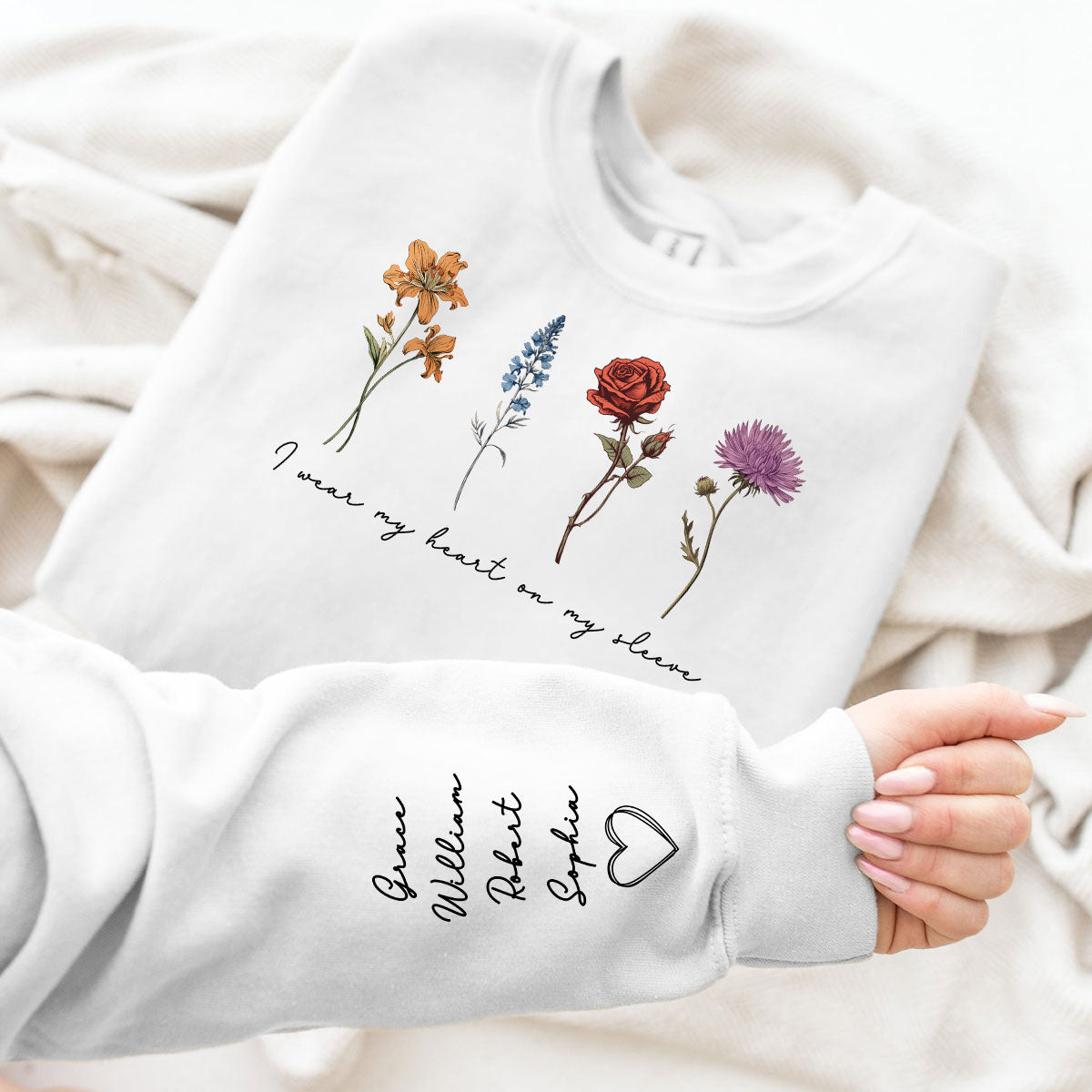 Vintage Birth Month Flowers Personalized Sleeve Printed Sweatshirt, Gift For Mom Granma Aunt