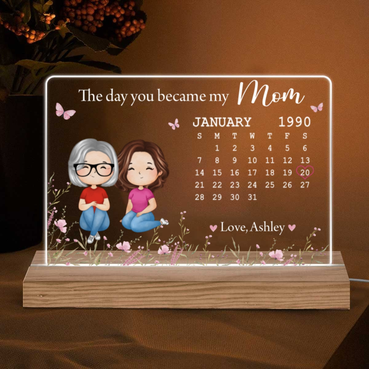 The Day You Became My Mom Calendar Doll Woman Watercolor Personalized Horizontal Rectangle Acrylic Plaque With LED Night Light