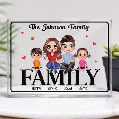 Doll Family Couple Dad Mom Kids Dogs Cats Sitting On Words Personalized Horizontal Rectangle Acrylic Block Plaque