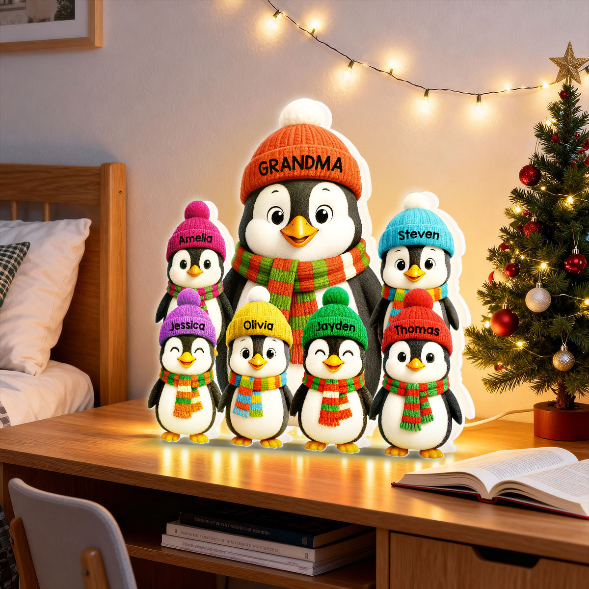 3D Effect Heartwarming Christmas Penguins Grandma Grandkids - Personalized Light Box