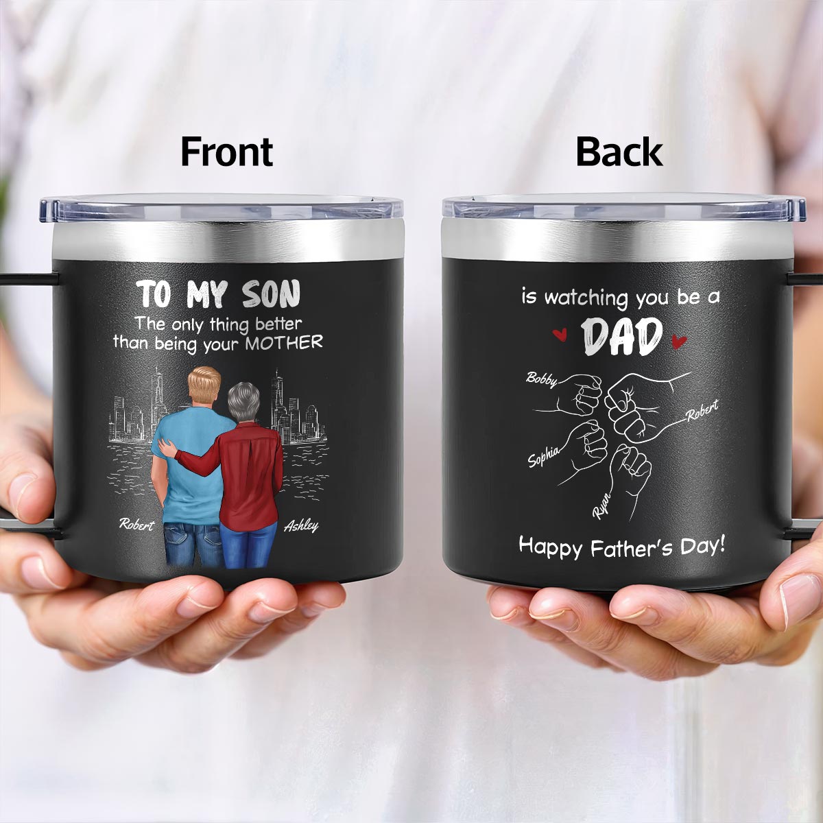 From Mom Dad To Son Watching You Be A Dad Personalized Stainless Steel Tumbler With Handle, Gift For Son