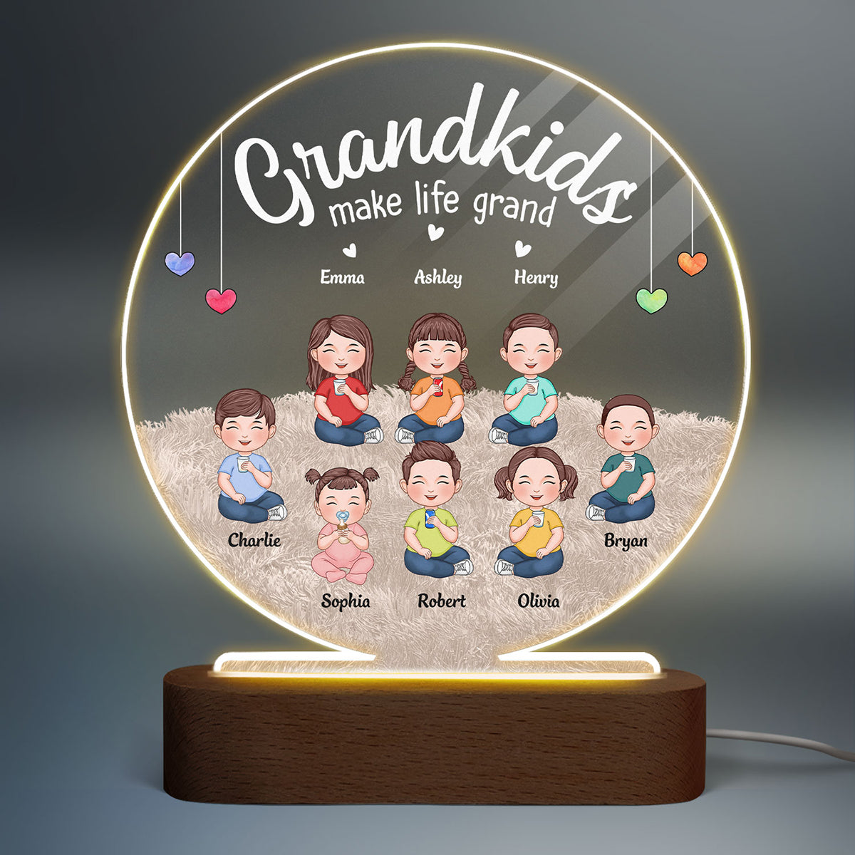Our Grandkids Cute Sitting Kids Personalized Circle Acrylic Plaque With LED Night Light