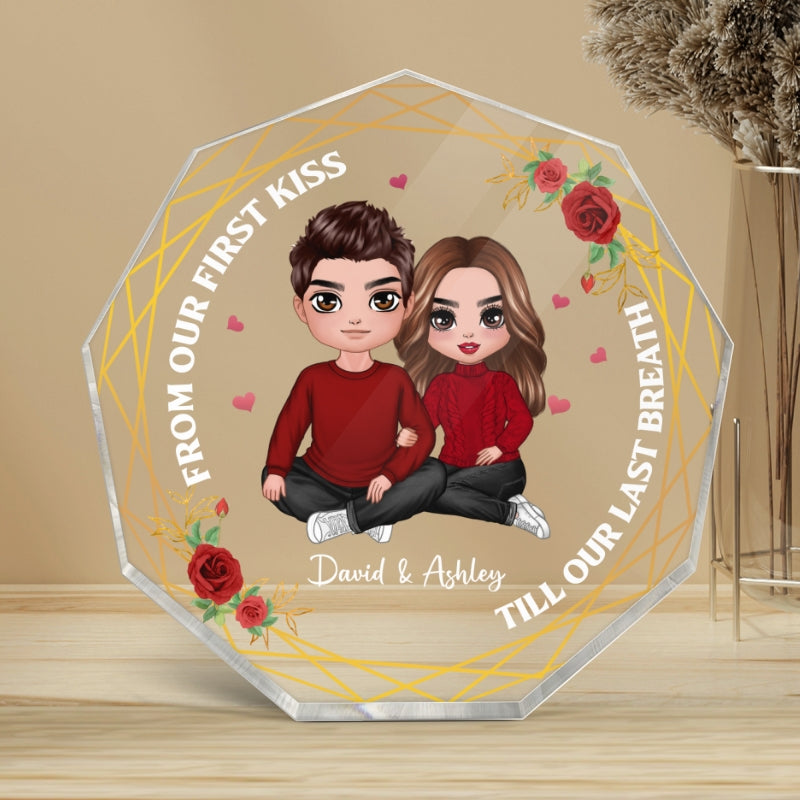 Embracing Doll Couple Flower Personalized Nonagon Acrylic Plaque - Gift For Him Gift For Her